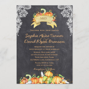 Herfst Rustic Lace Pumpkins Chalkboard Wedding Kaart