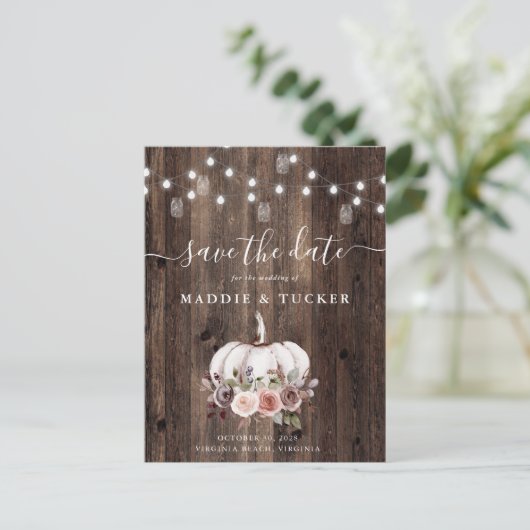 Herfst Rustic Pumpkin String Lights Save the Date Aankondigingskaart (Staand voorkant)
