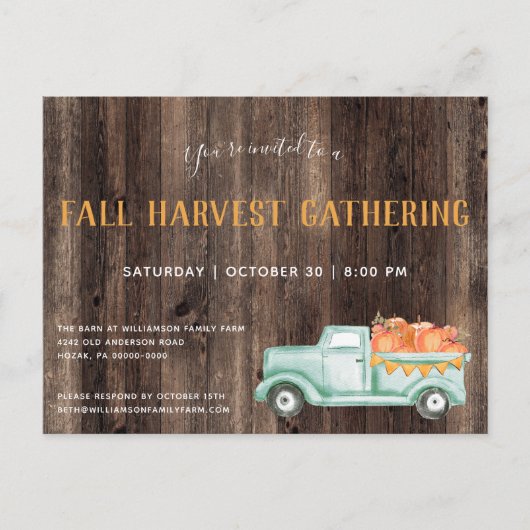 Herfst Rustic Pumpkins Herfst Party Invitation Uitnodiging Briefkaart (Voorkant)