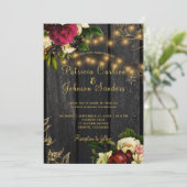 Herfst rustiek hout en string lichten floral bruil kaart (Staand voorkant)