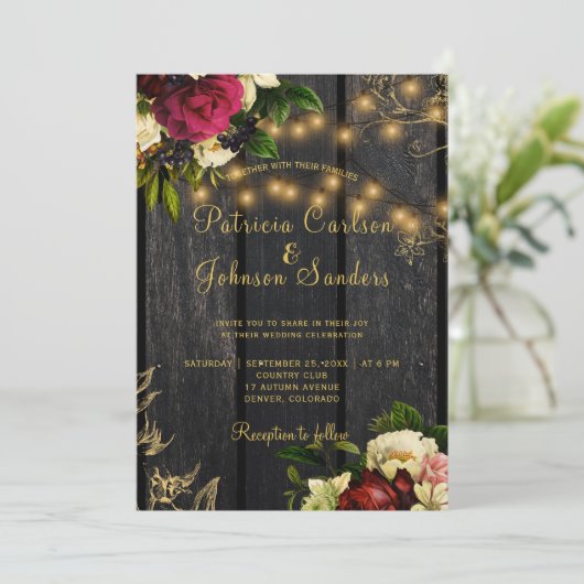 Herfst rustiek hout en string lichten floral bruil kaart (Staand voorkant)