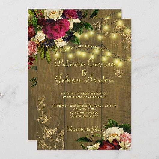 Herfst rustiek hout en twinkle lights bloemenbruil kaart (Voorkant / Achterkant)