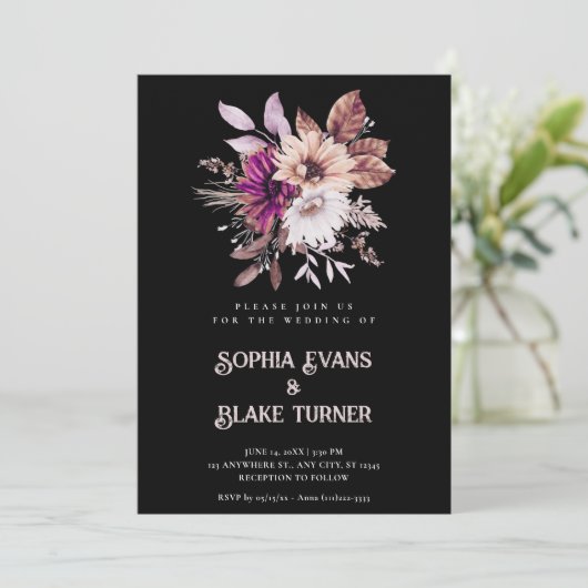 Herfst Rustieke Bloemen Botanische Zwarte Bruiloft Kaart (Staand voorkant)