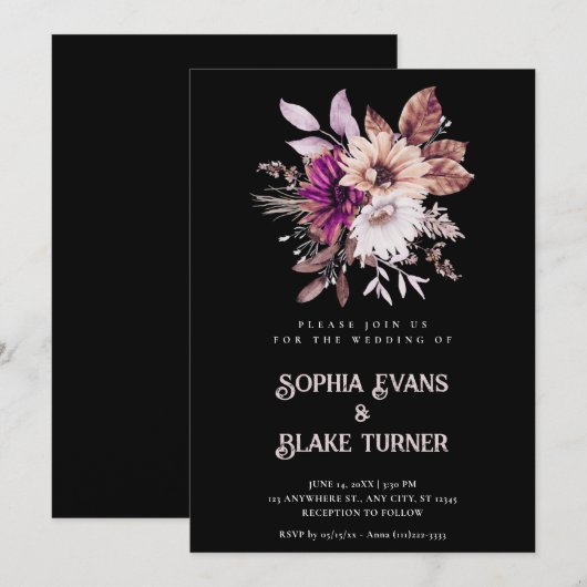 Herfst Rustieke Bloemen Botanische Zwarte Bruiloft Kaart (Voorkant / Achterkant)