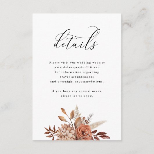 Herfst rustieke bloemen, bruiloft detail informatiekaartje (Voorkant)