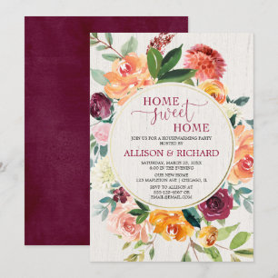 Herfst rustieke bloemenbordeaux housewarming party kaart