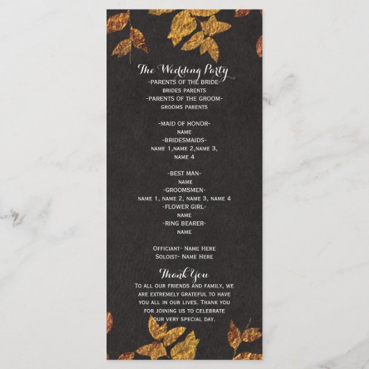 Herfst rustieke gouden bladeren bruiloft programma programmakaart (Achterkant)