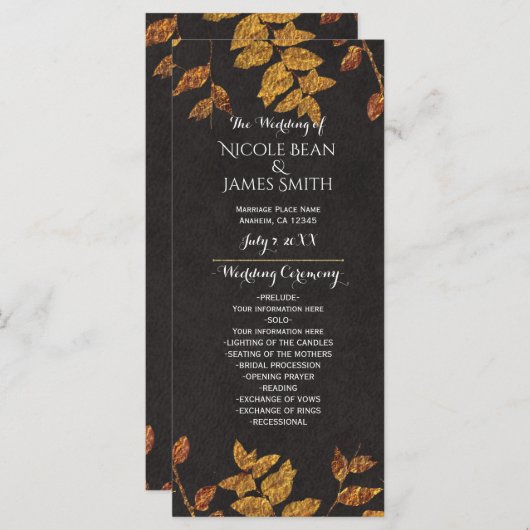 Herfst rustieke gouden bladeren bruiloft programma programmakaart (Voorkant / Achterkant)
