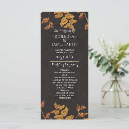 Herfst rustieke gouden bladeren bruiloft programma programmakaart (Staand voorkant)