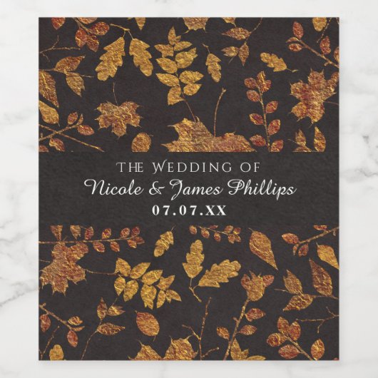 Herfst rustieke gouden bladeren elegante bruiloft  wijn etiket