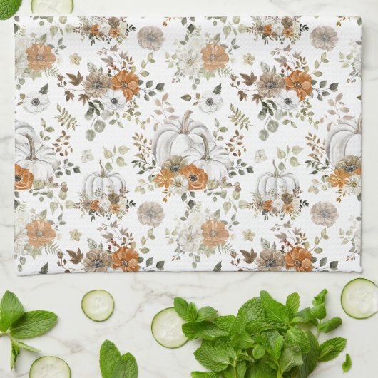 Herfst rustieke pompoenen en bloemen theedoek (Gevouwen)