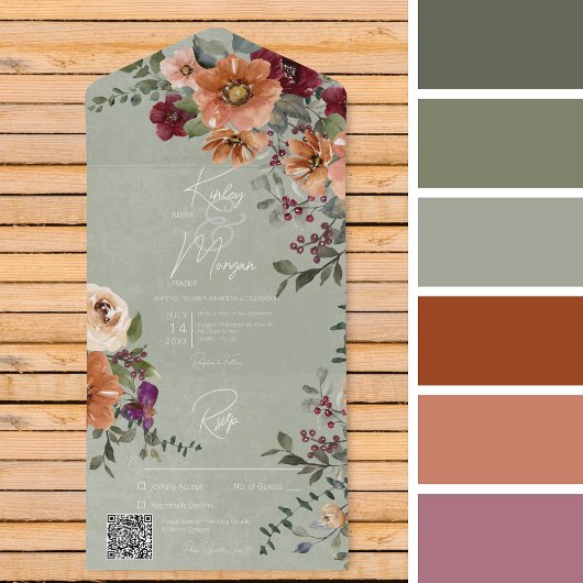 Herfst Rustieke Rust & Wijn Bloemen Salie QR Code All In One Uitnodiging
