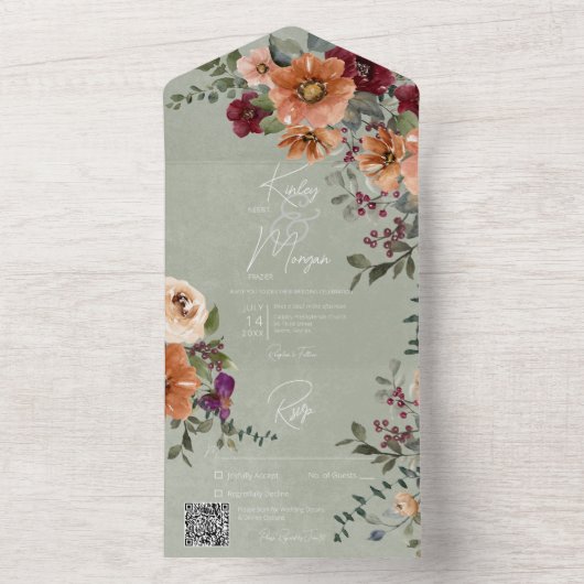 Herfst Rustieke Rust & Wijn Bloemen Salie QR Code All In One Uitnodiging (Binnen)