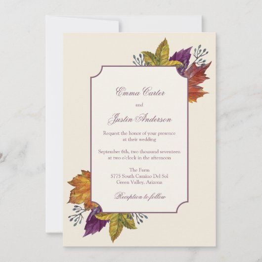 Herfst rustieke Waterverf herfstbladeren bruiloft Kaart (Voorkant)