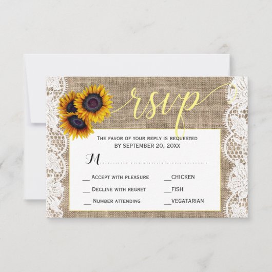 Herfst rustieke zonnebloem burlap bruiloft script RSVP kaartje (Voorkant)