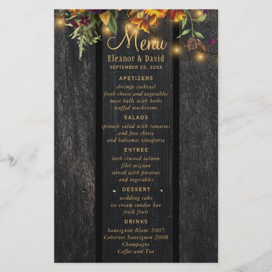 Herfst rustisch floral chic elegant wood trouwmenu (Voorkant)