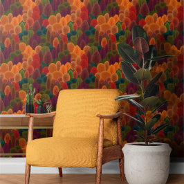 Herfst Rusty Rood Groen en Sinaasappel boompatroon Behang