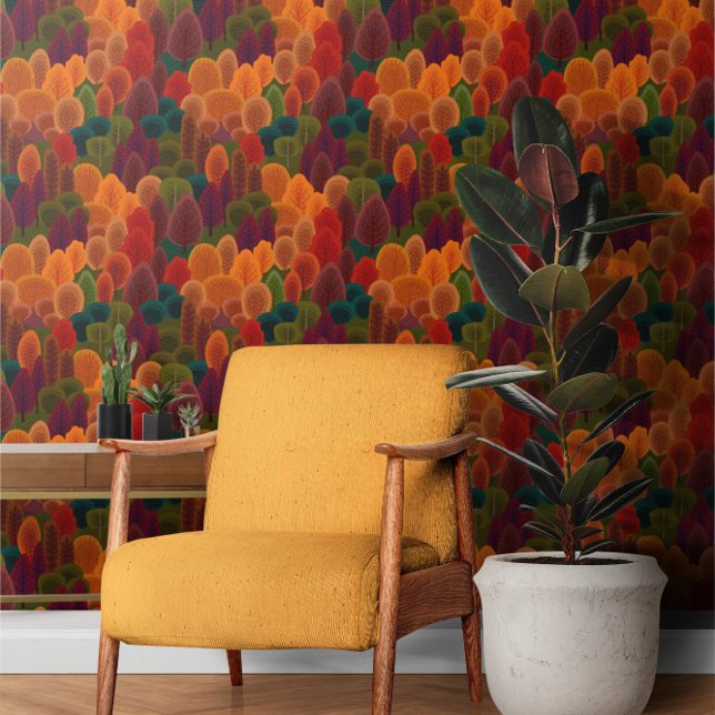 Herfst Rusty Rood Groen en Sinaasappel boompatroon Behang (Autumnal Rusty Red Green and Orange Tree Pattern Wallpaper from Ricaso. Stunning bold wall decor.)