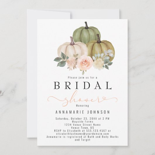 Herfst Sage Green en Peach Pumpkin Floral Bridal i Kaart (Voorkant)
