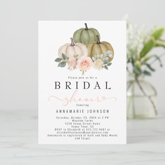 Herfst Sage Green en Peach Pumpkin Floral Bridal i Kaart (Staand voorkant)