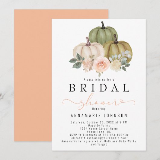 Herfst Sage Green en Peach Pumpkin Floral Bridal i Kaart (Voorkant / Achterkant)