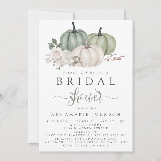 Herfst Sage Green en White Pumpkin Floral Bridal Kaart (Voorkant)