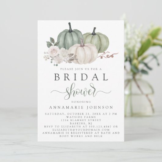 Herfst Sage Green en White Pumpkin Floral Bridal Kaart (Staand voorkant)