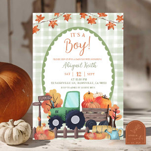 Herfst Sage Groene Pompoen Tractor Boy Baby shower Kaart