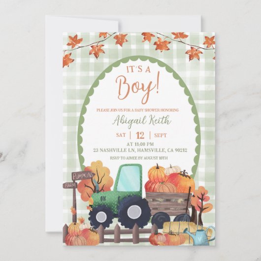 Herfst Sage Groene Pompoen Tractor Boy Baby shower Kaart (Voorkant)