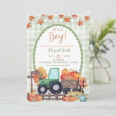 Herfst Sage Groene Pompoen Tractor Boy Baby shower Kaart (Staand voorkant)