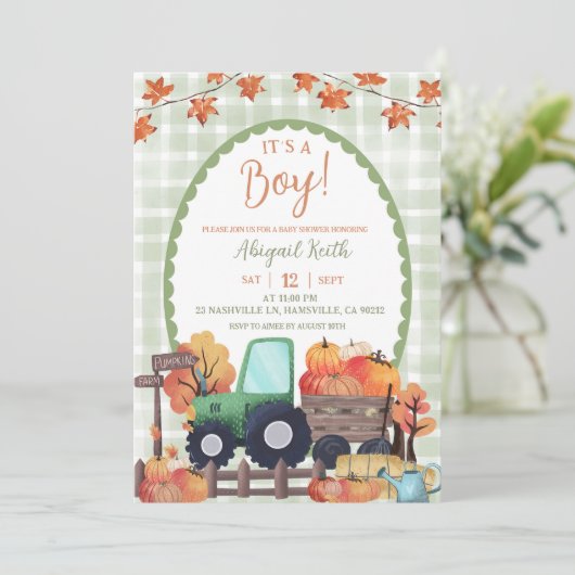 Herfst Sage Groene Pompoen Tractor Boy Baby shower Kaart (Staand voorkant)