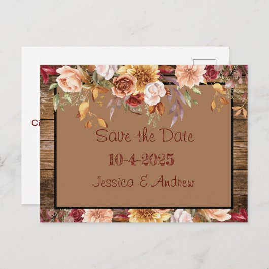 Herfst Save the Date Kaart - Rustieke Bloemen Huwe (Voorkant / Achterkant)