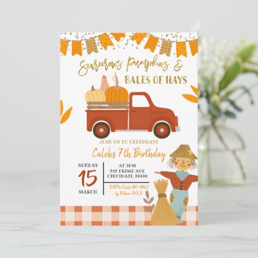 Herfst scarecrows pomkin verjaardagsuitnodiging kaart (Staand voorkant)