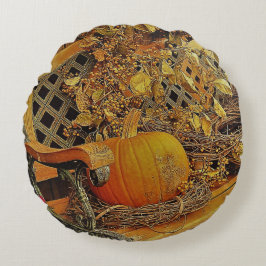 Herfst Scene - Pompoen en Bittersweet Vine Op Benc Rond Kussen