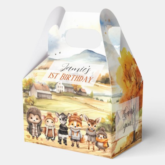 Herfst Schattigee bosdieren verjaardagsmedium gabl Bedankdoosjes (Achterkant)