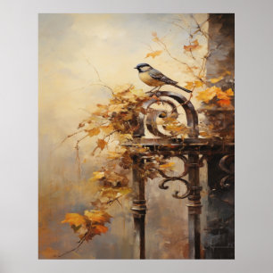 Herfst Schilderen van een vogel op een hek Poster