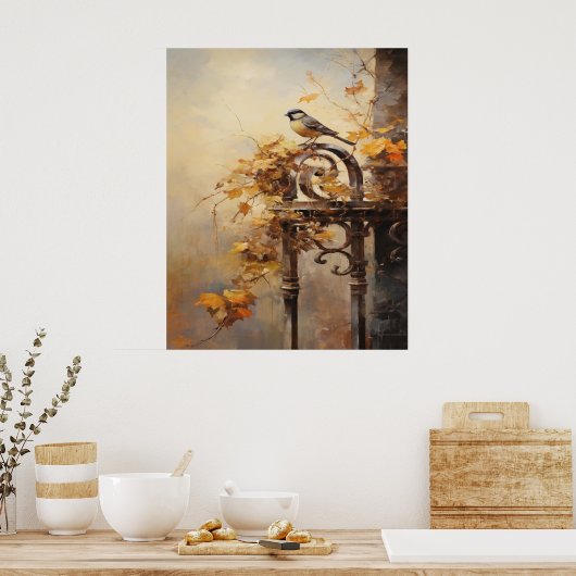 Herfst Schilderen van een vogel op een hek Poster (Keuken)