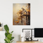 Herfst Schilderen van een vogel op een hek Poster (Thuiskantoor)