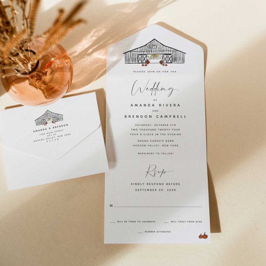 Herfst schuur pompoenen bruiloft all in one uitnodiging