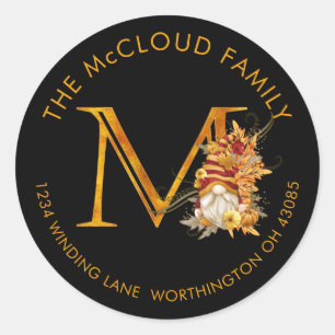 Herfst Seizoen Gnome Monogram Letter M Address Lab Ronde Sticker