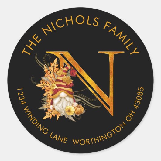 Herfst Seizoen Gnome Monogram Letter N Adres Label (Voorkant)