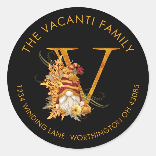 Herfst Seizoen Gnome Monogram Letter V Adres Label (Voorkant)