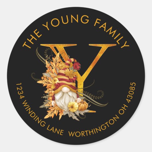 Herfst Seizoen Gnome Monogram Y Adres Etiket (Voorkant)