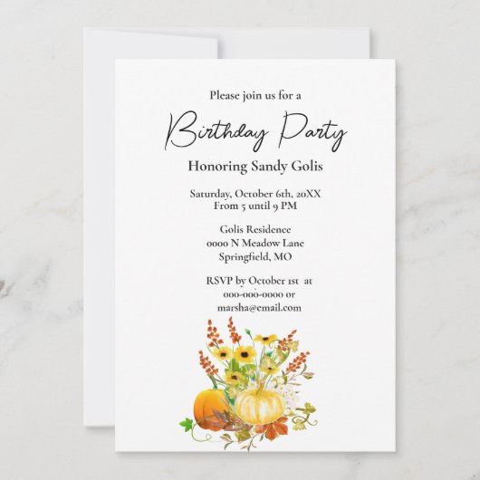 Herfst Seizoen Pompoen Verjaardagsfeestuitnodiging Kaart (Voorkant)