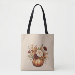 Herfst Seizoen-Waterverf Pompoen en Bloemen- Tote Bag