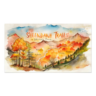 Herfst Shenandoah Wandelroutes Kaart – Aquarel Kun Foto Afdruk