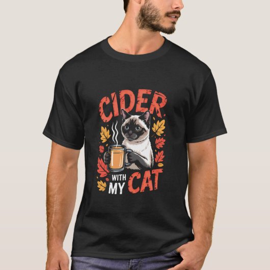 Herfst Siamese kat met cider mok T-shirt (Voorkant)
