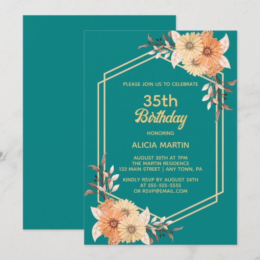 Herfst Sinaasappel Bloem Goud Blauwgroen Vrouw Vol Kaart (Voorkant / Achterkant)