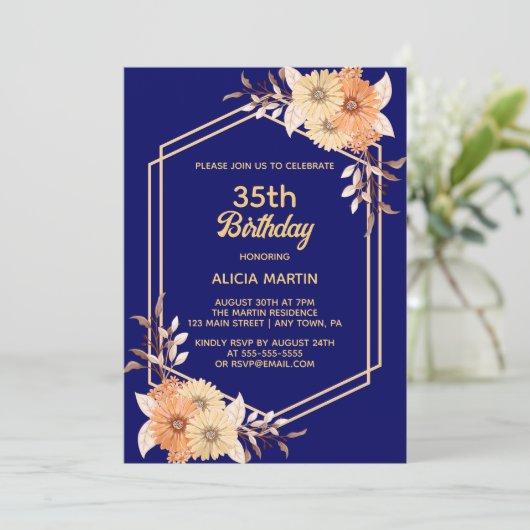 Herfst Sinaasappel Bloem Goud Marine Blauw Vrouw V Kaart (Staand voorkant)