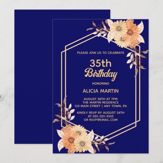 Herfst Sinaasappel Bloem Goud Marine Blauw Vrouw V Kaart (Voorkant / Achterkant)